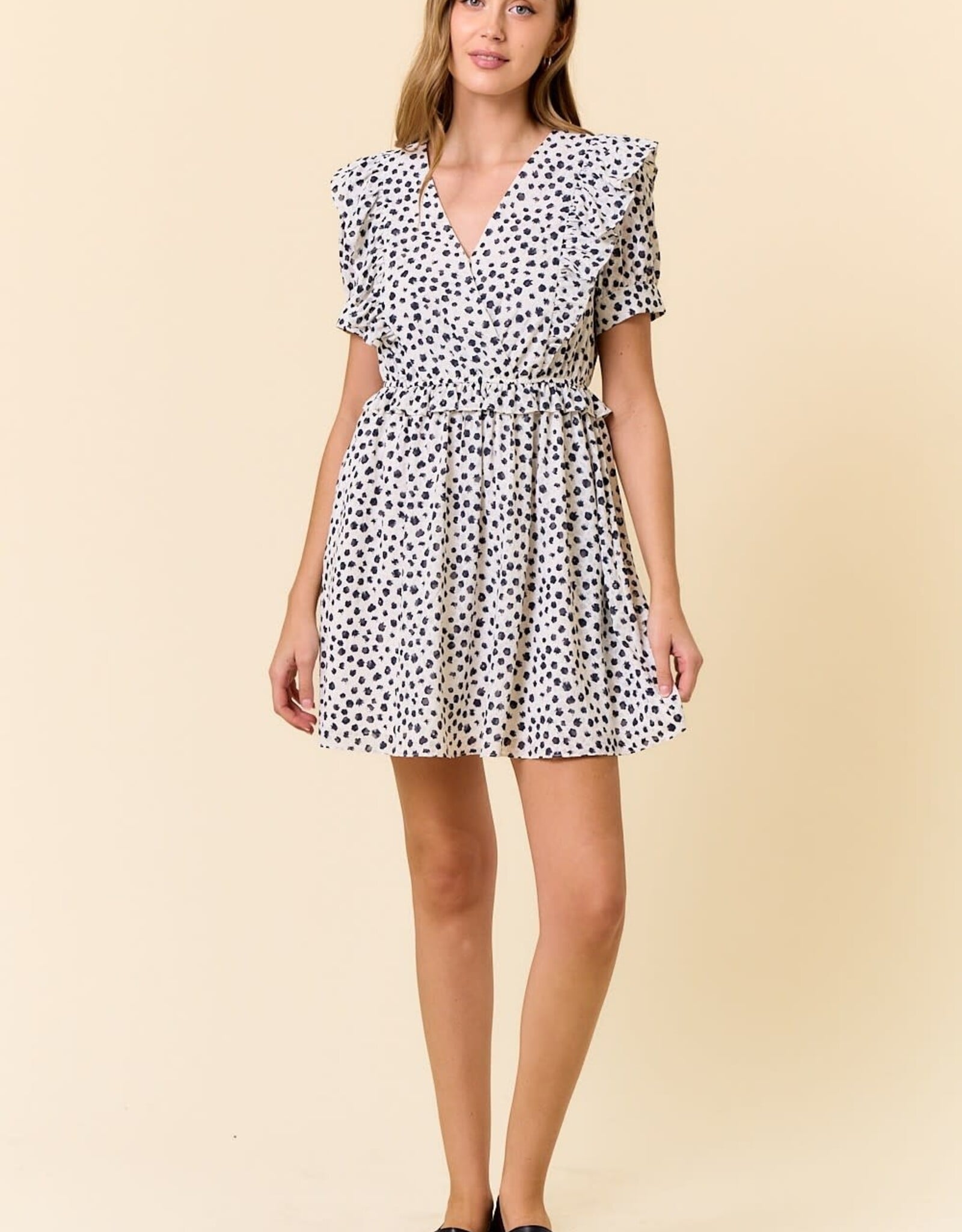 Miss Bliss D&R Jacquard Dot Print Mini Dress-Navy/White