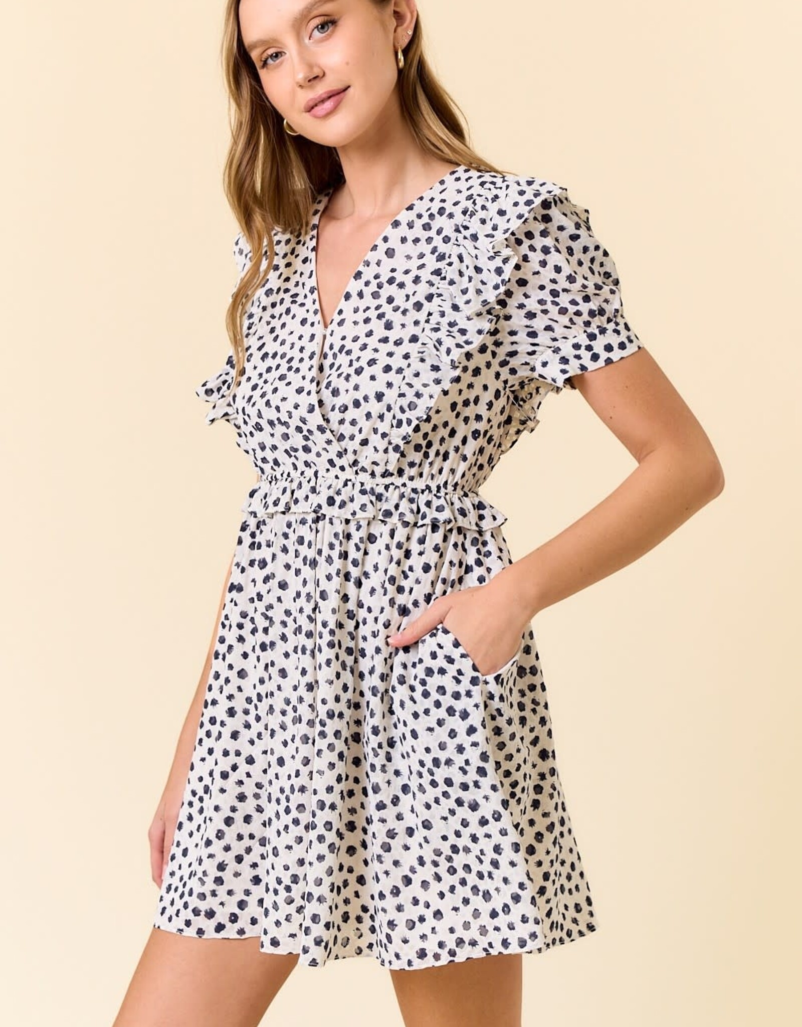 Miss Bliss D&R Jacquard Dot Print Mini Dress-Navy/White