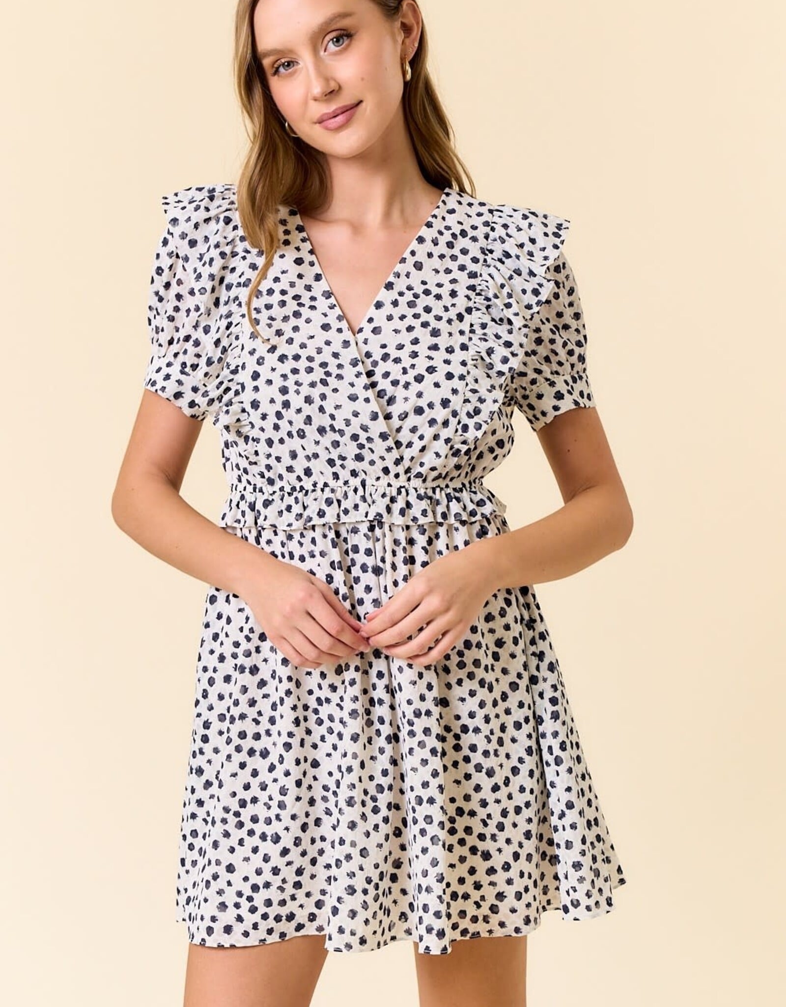 Miss Bliss D&R Jacquard Dot Print Mini Dress-Navy/White