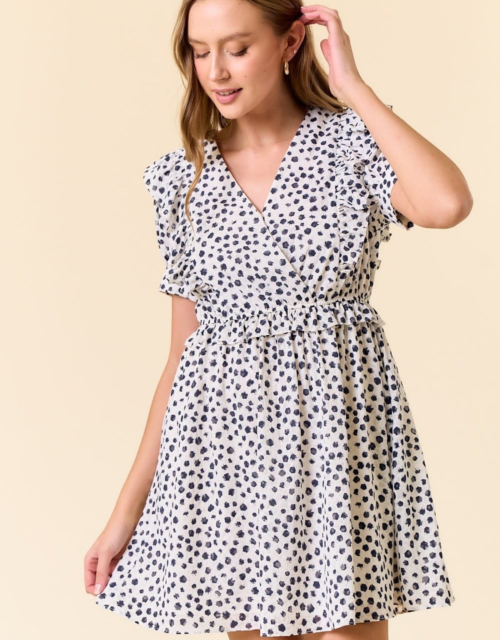 Miss Bliss D&R Jacquard Dot Print Mini Dress-Navy/White