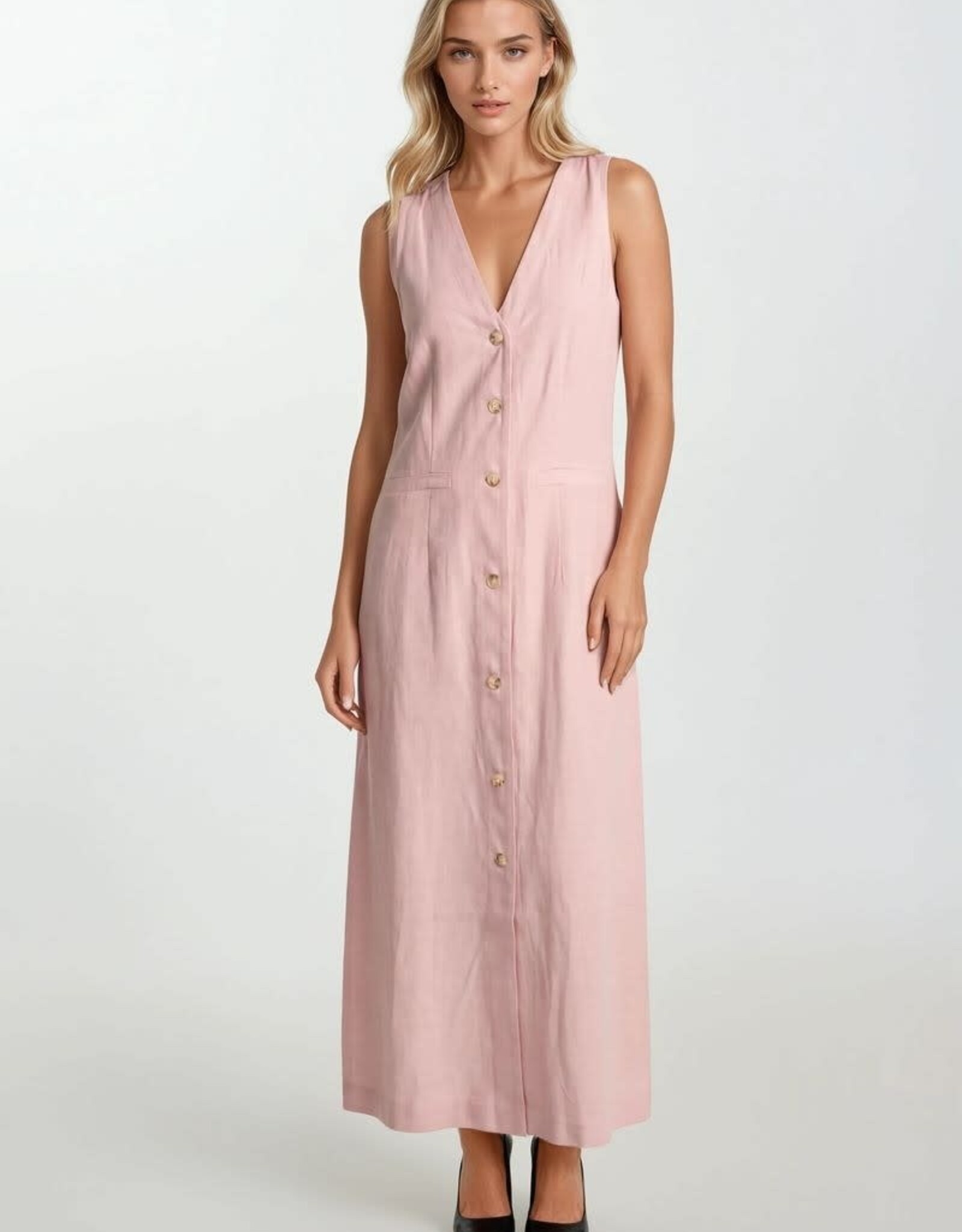 Miss Bliss D&R Button Front Pckt Slvls Midi Dress-Pink
