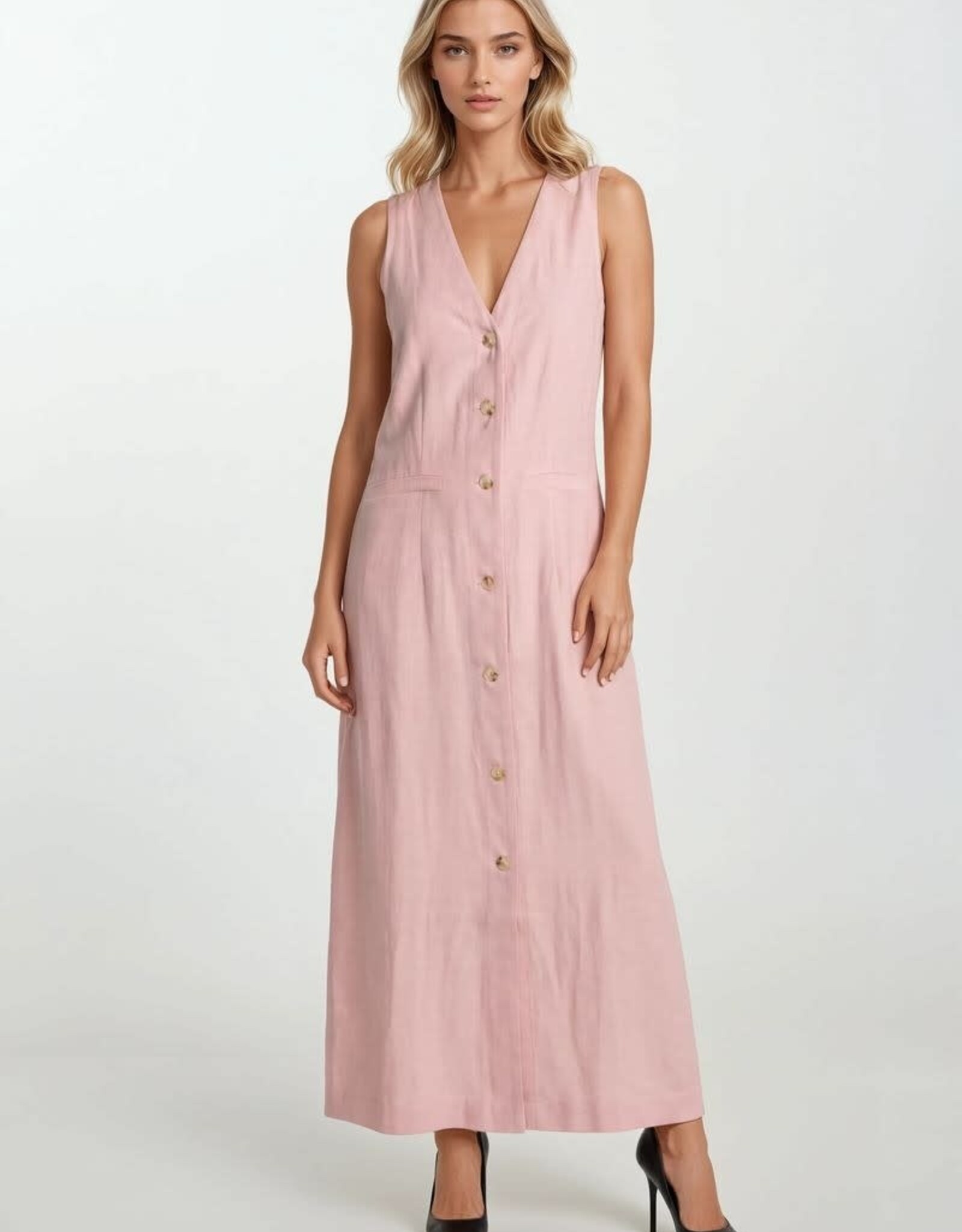 Miss Bliss D&R Button Front Pckt Slvls Midi Dress-Pink