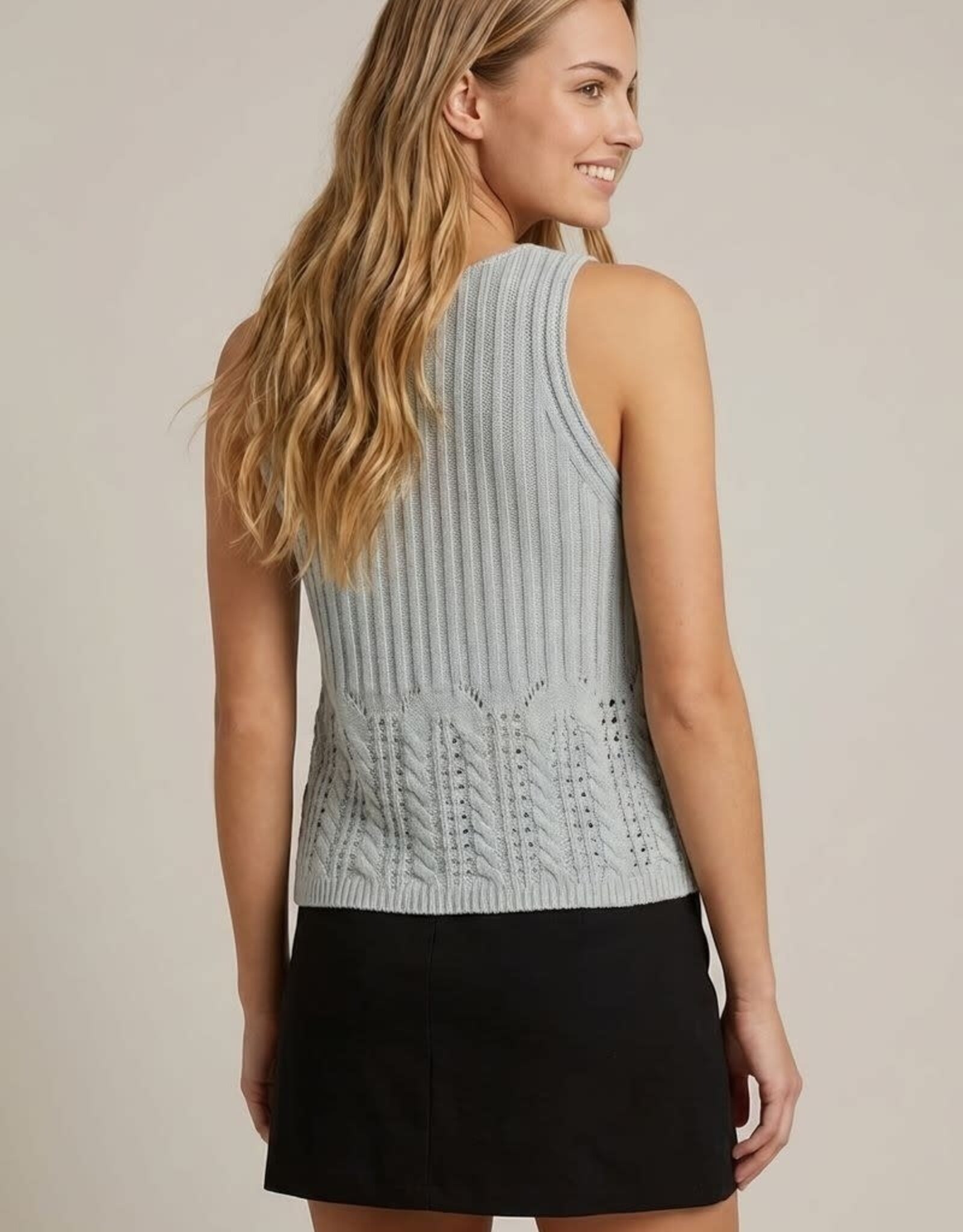 Miss Bliss Stitch Mix Sweater Crochet Tank -Lt Blue