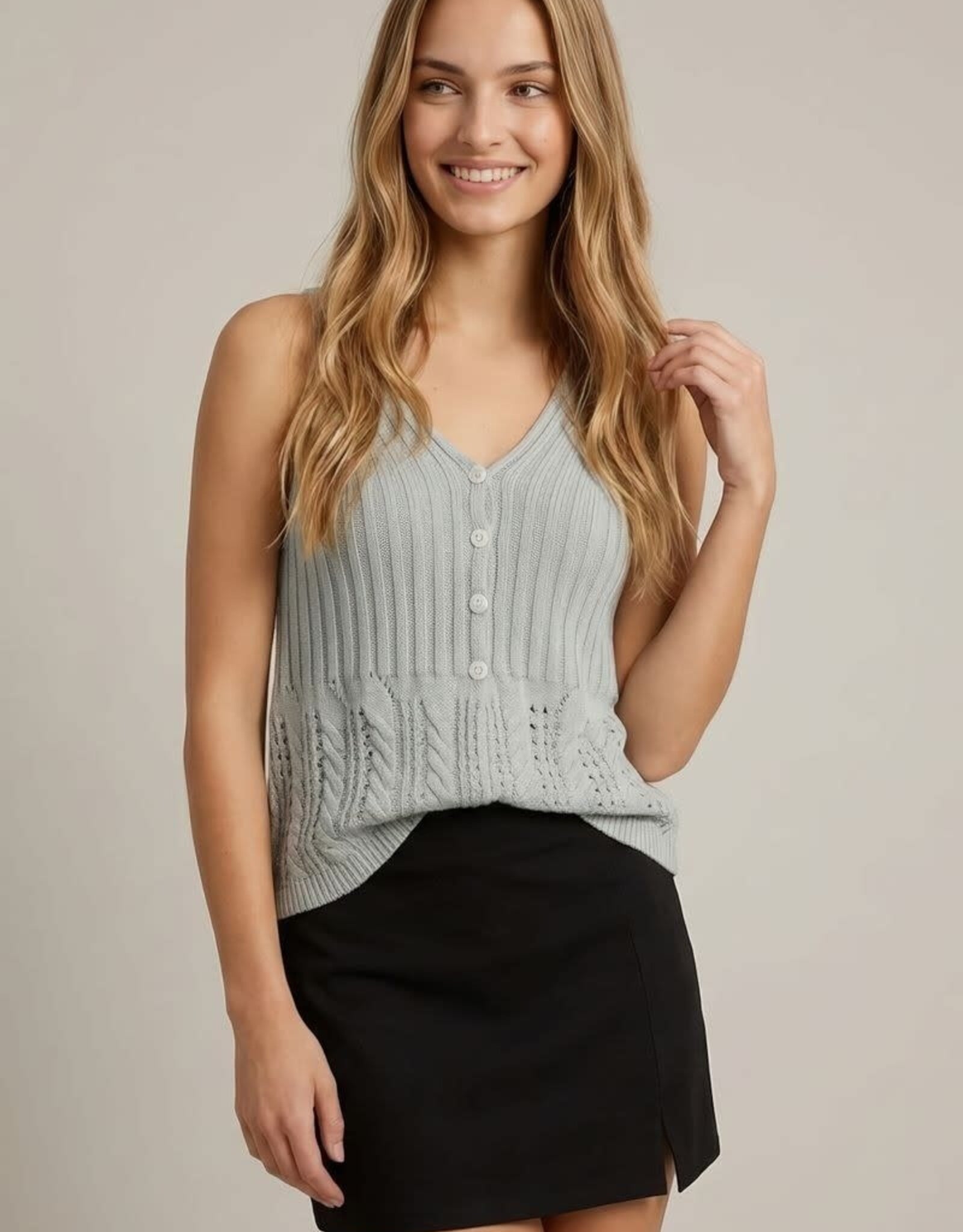 Miss Bliss Stitch Mix Sweater Crochet Tank -Lt Blue