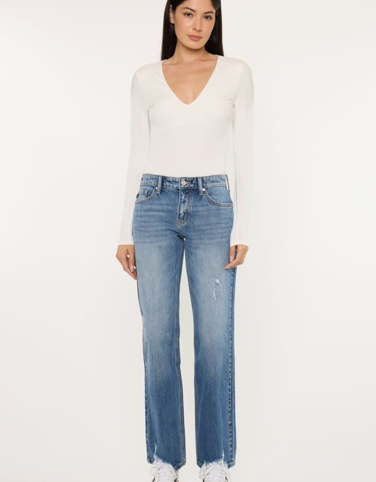 Miss Bliss KC Mid Rise Raw Hem Distressed Straight Leg-Dk Wash
