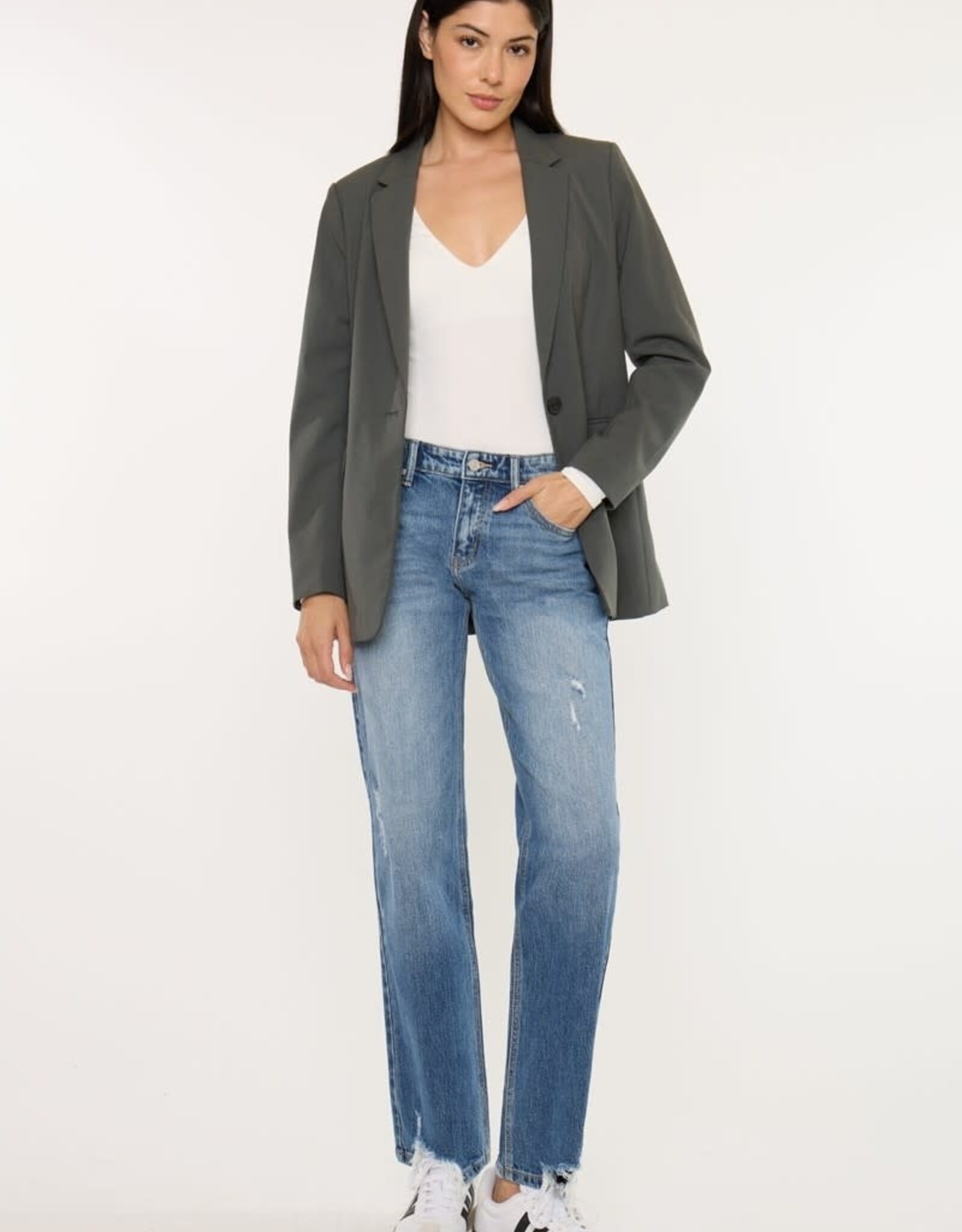 Miss Bliss KC Mid Rise Raw Hem Distressed Straight Leg-Dk Wash