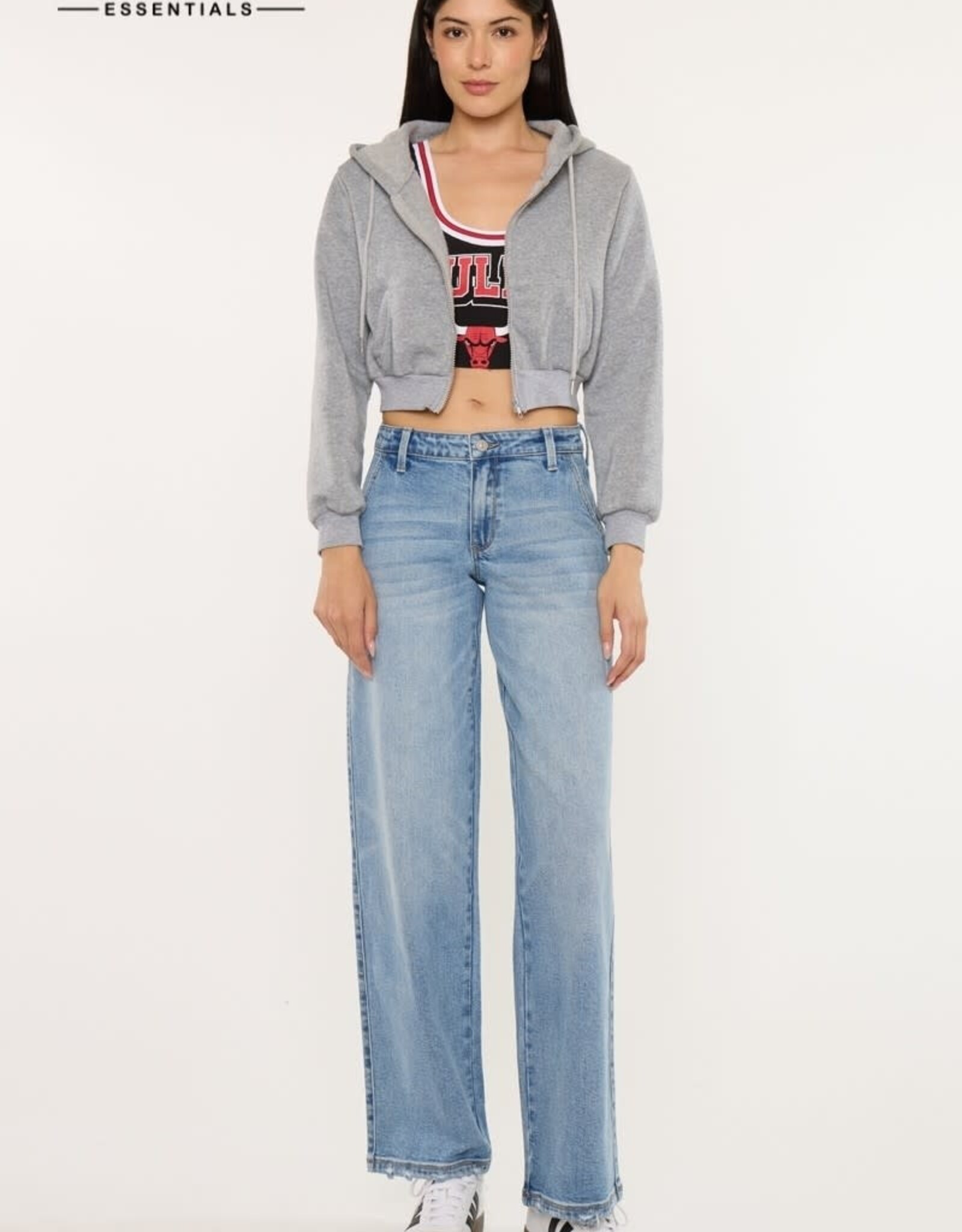 Miss Bliss KC Crater Mid Wide Leg Trouser Comfort Stretch-Med Wash