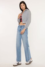 Miss Bliss KC Crater Mid Wide Leg Trouser Comfort Stretch-Med Wash