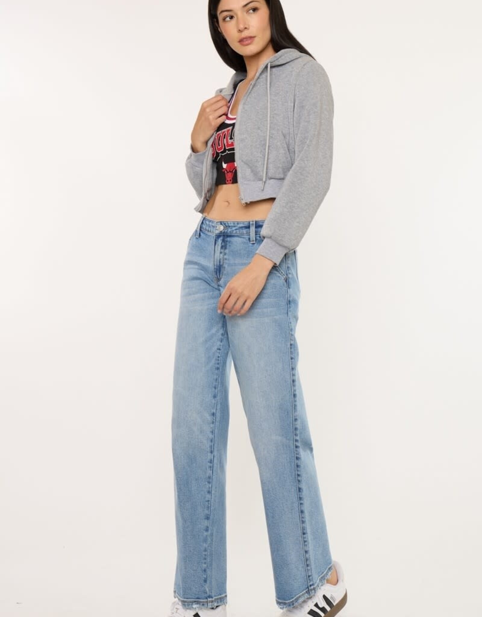 Miss Bliss KC Crater Mid Wide Leg Trouser Comfort Stretch-Med Wash
