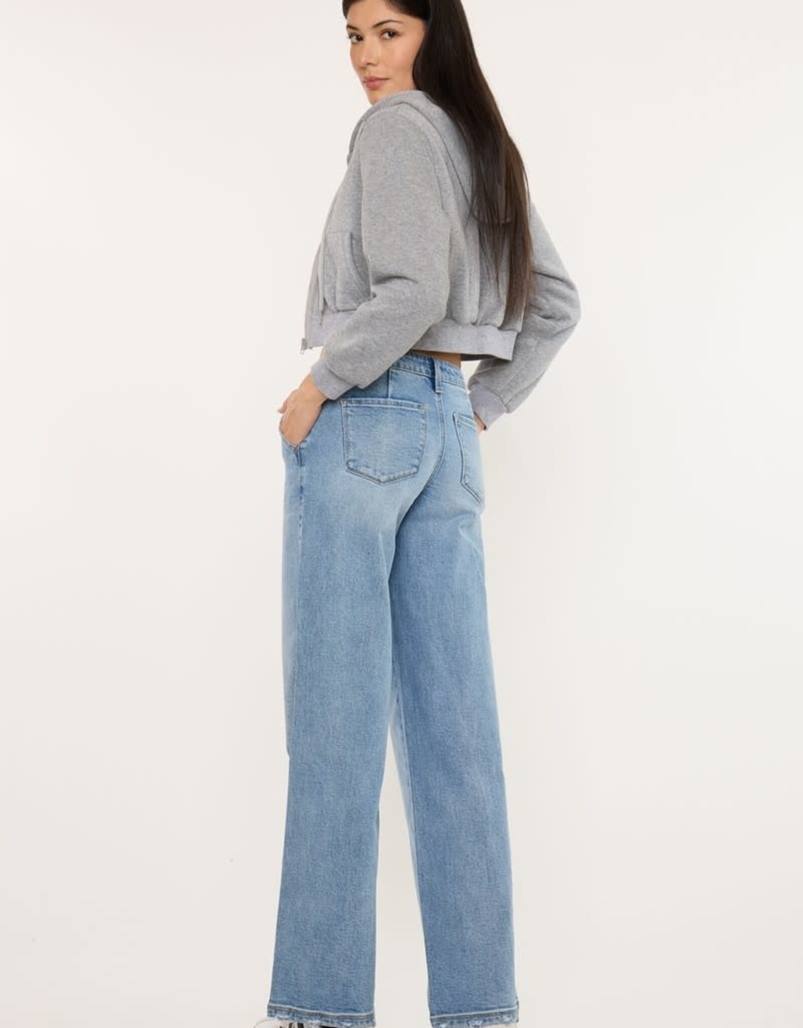 Miss Bliss KC Crater Mid Wide Leg Trouser Comfort Stretch-Med Wash