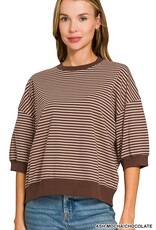 Miss Bliss Zen Striped 3/4 Slv Contrast Trim Top-Ash Mocha/Choc
