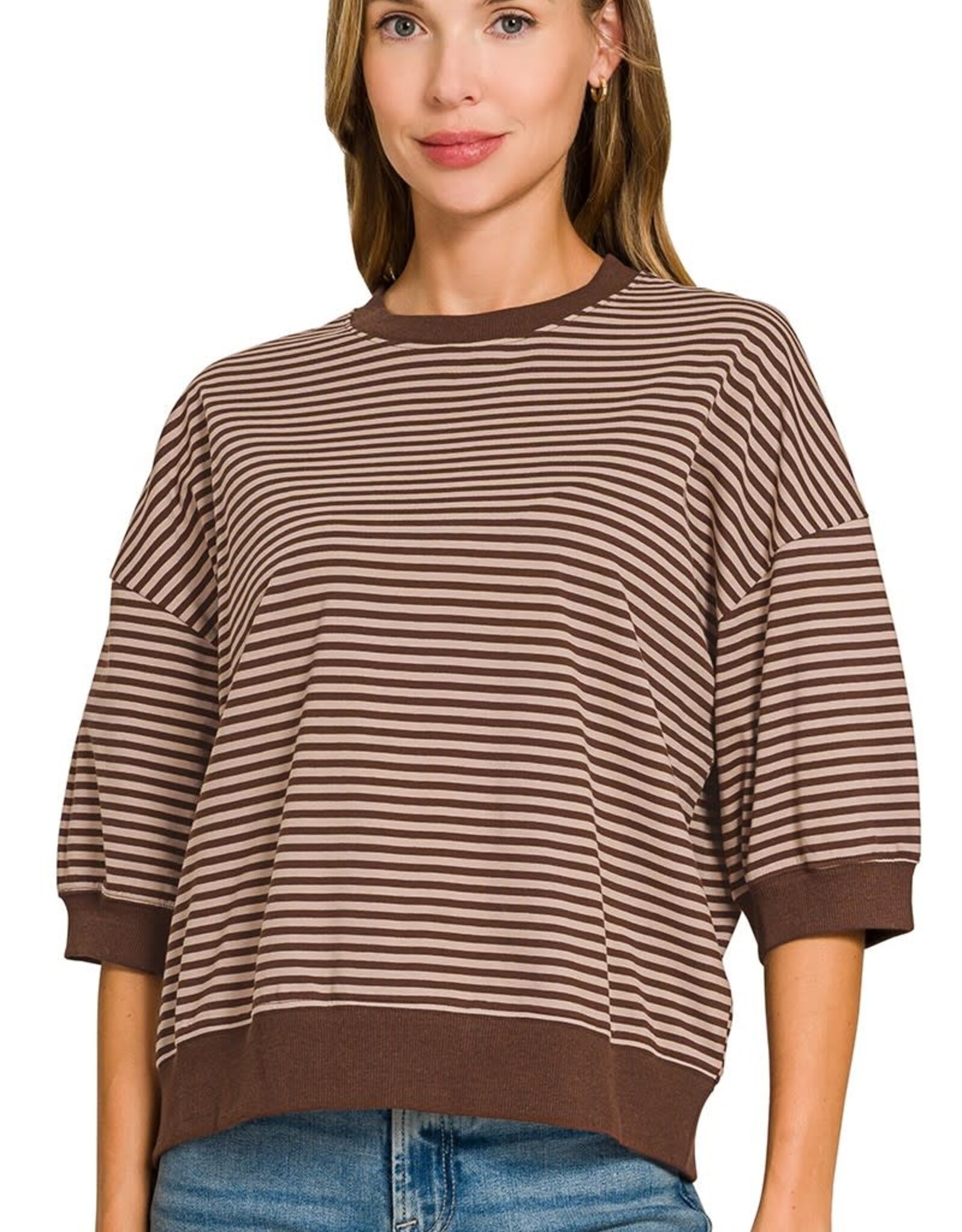 Miss Bliss Zen Striped 3/4 Slv Contrast Trim Top-Ash Mocha/Choc