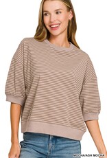 Miss Bliss Zen Striped 3/4 Slv Contrast Trim Top-Mocha/Ash Mocha