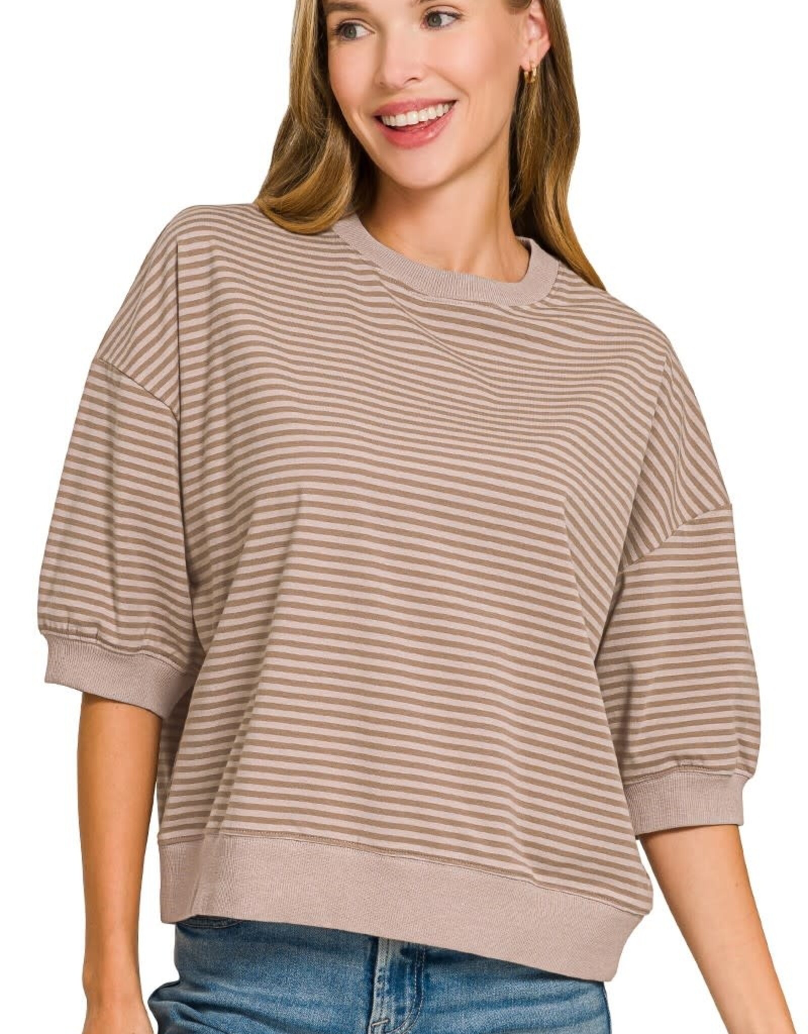 Miss Bliss Zen Striped 3/4 Slv Contrast Trim Top-Mocha/Ash Mocha