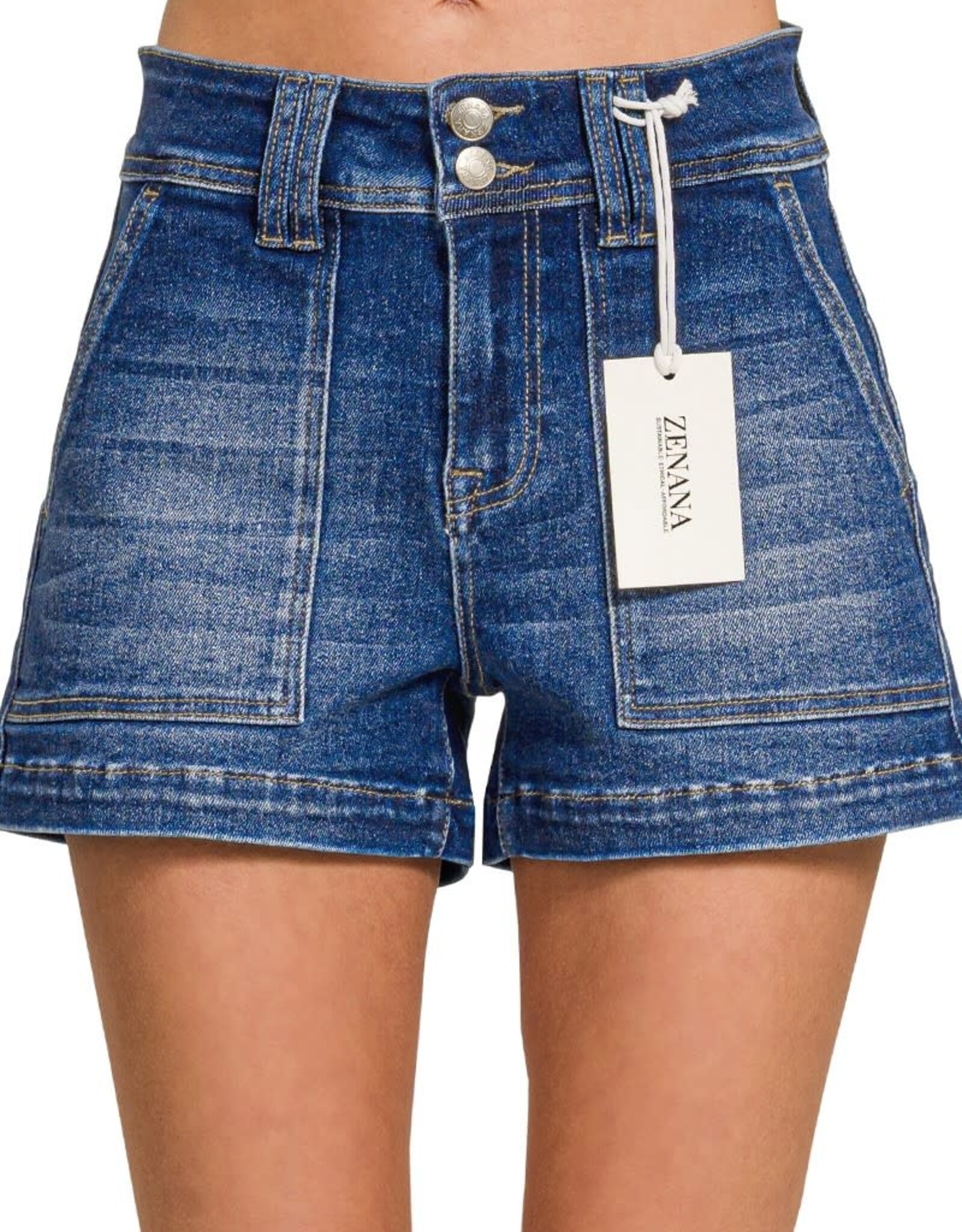 Miss Bliss Zen Washed Utility Pocket Denim Shorts-Dark Wash
