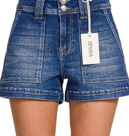 Miss Bliss Washed Utility Pocket Denim Shorts-Dark Wash