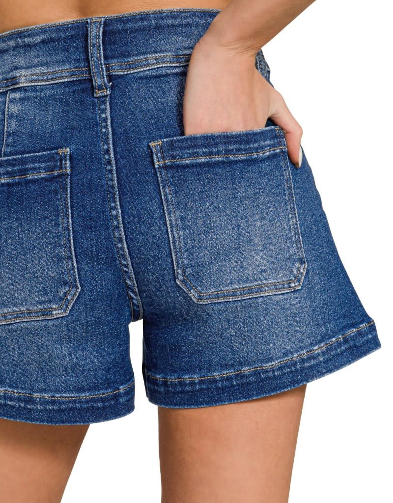 Miss Bliss Zen Washed Utility Pocket Denim Shorts-Dark Wash
