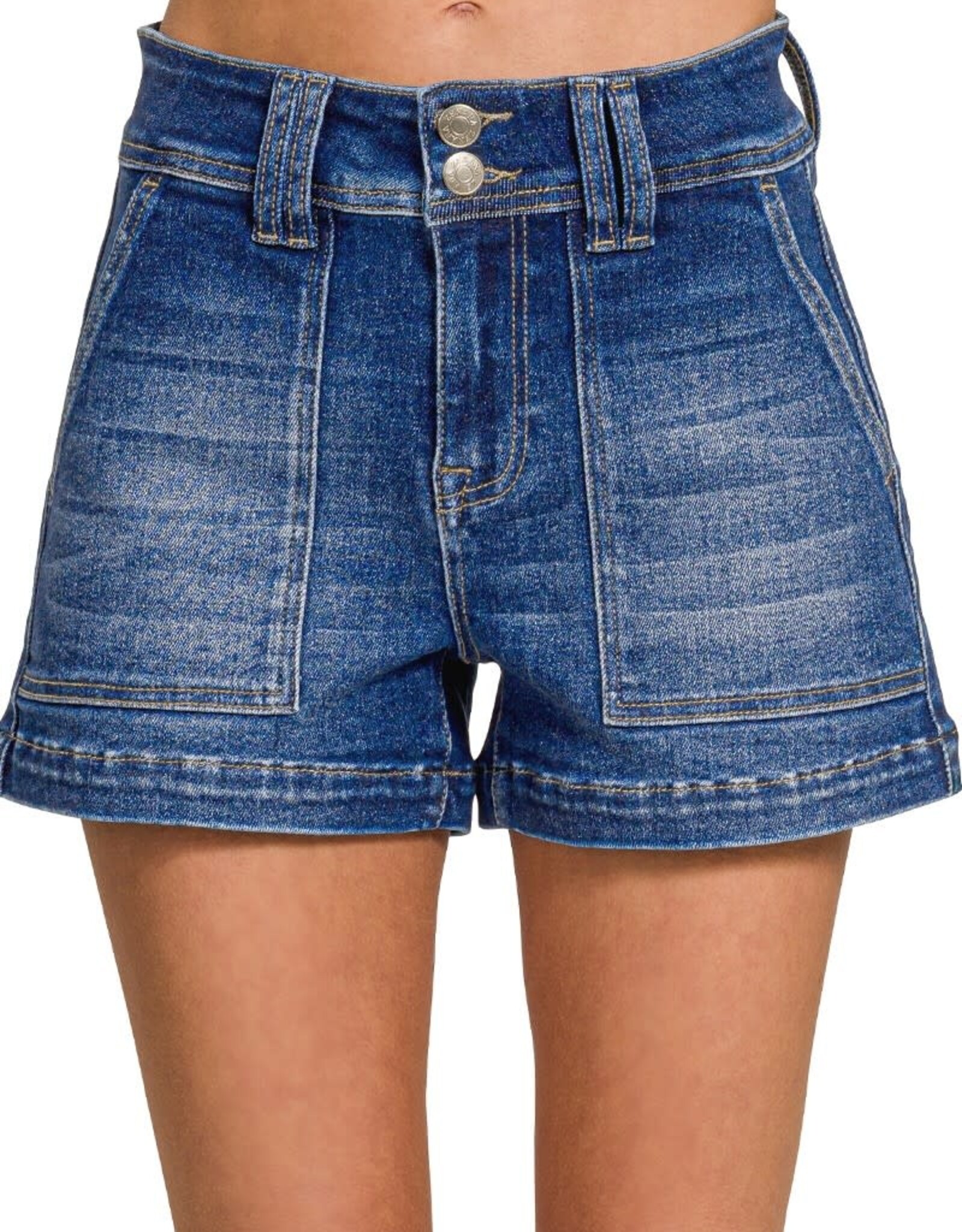 Miss Bliss Zen Washed Utility Pocket Denim Shorts-Dark Wash