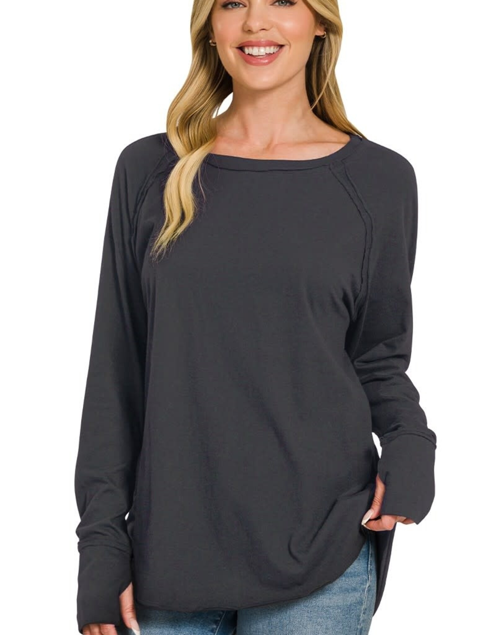 Miss Bliss Zen Cotton Raglan Sleeve Thumbhole Top-Black