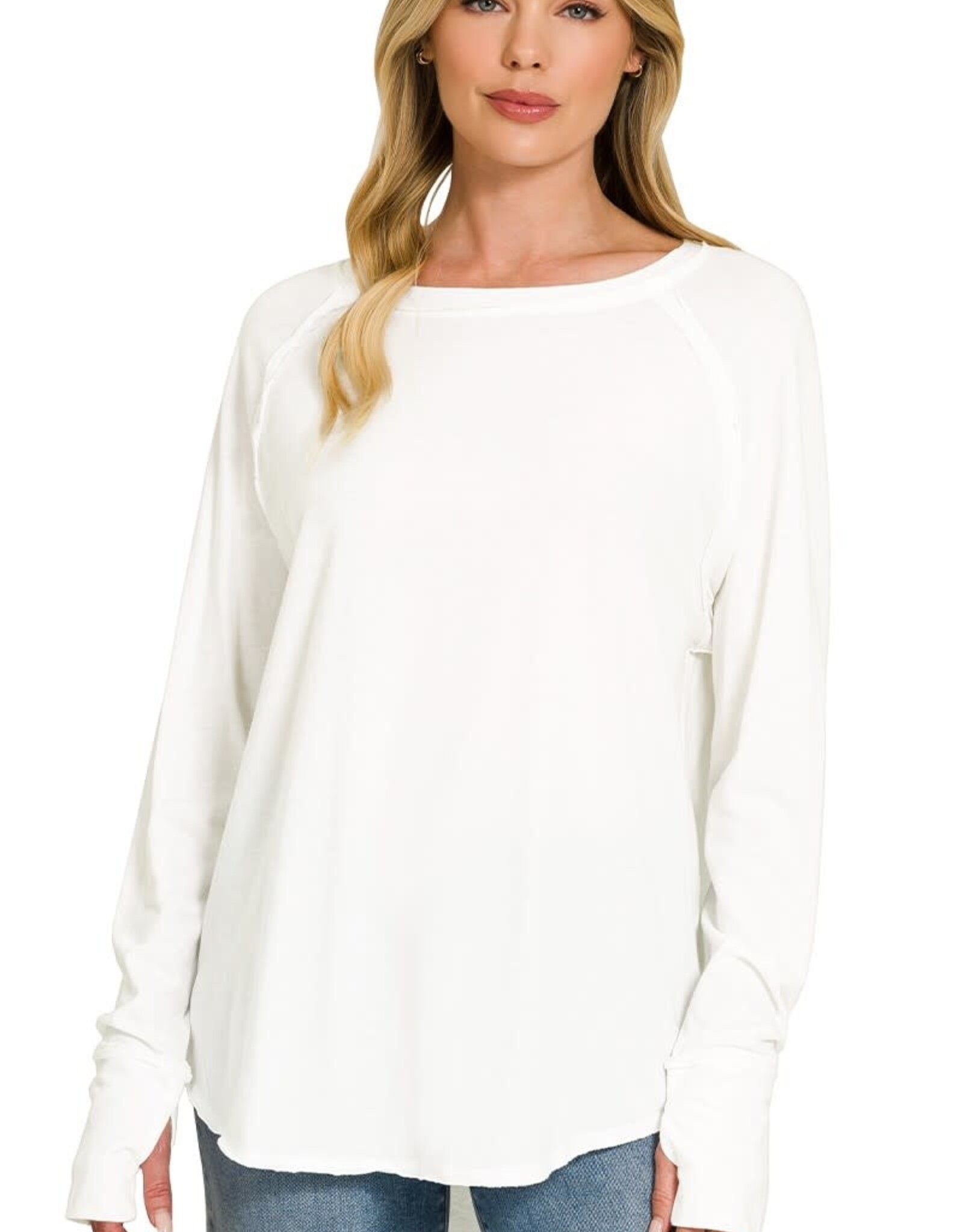 Miss Bliss Zen Cotton Raglan Sleeve Thumbhole Top-White