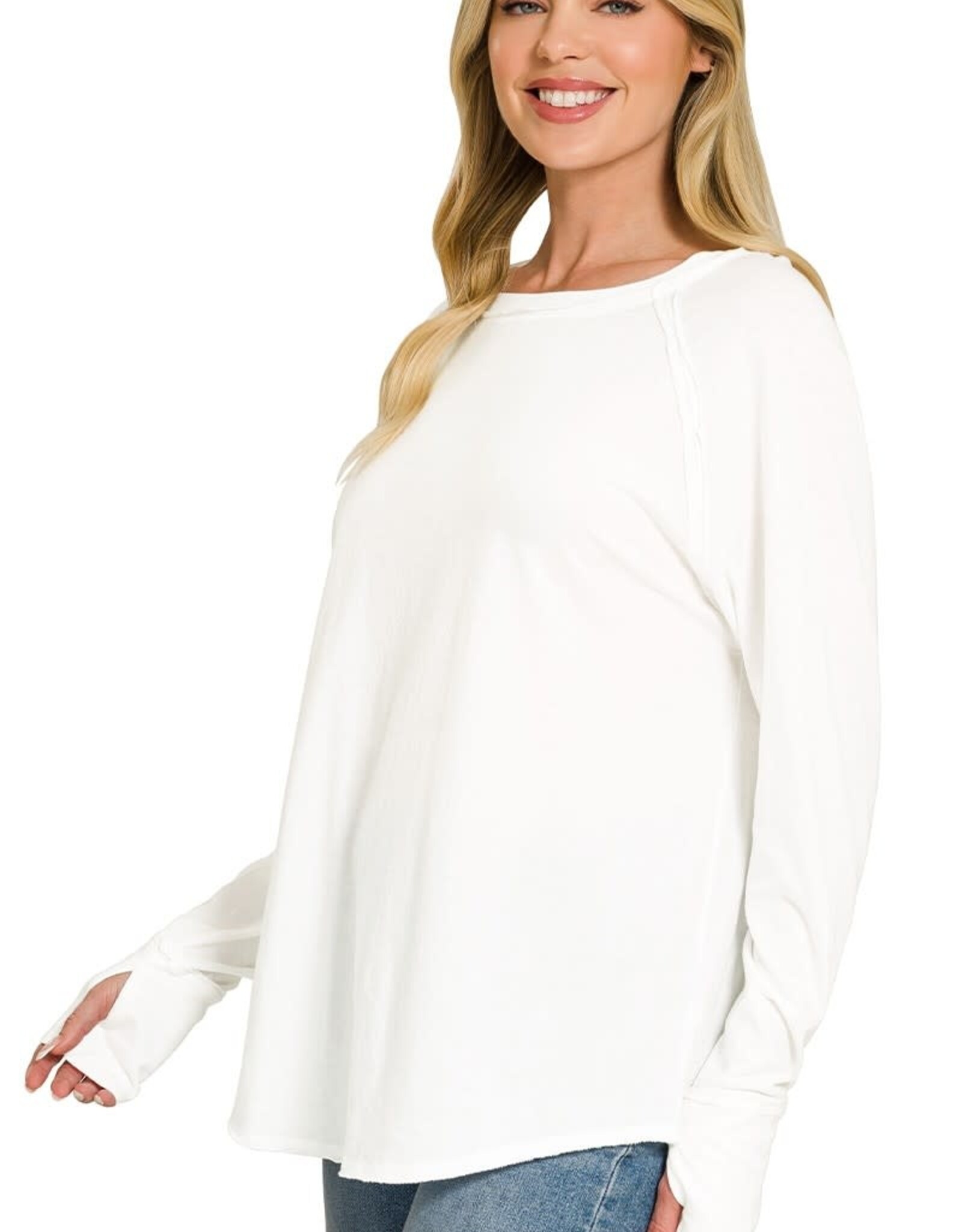 Miss Bliss Zen Cotton Raglan Sleeve Thumbhole Top-White