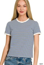 Miss Bliss Zen Striped Contrast Trim Rib Banded Tee-Navy