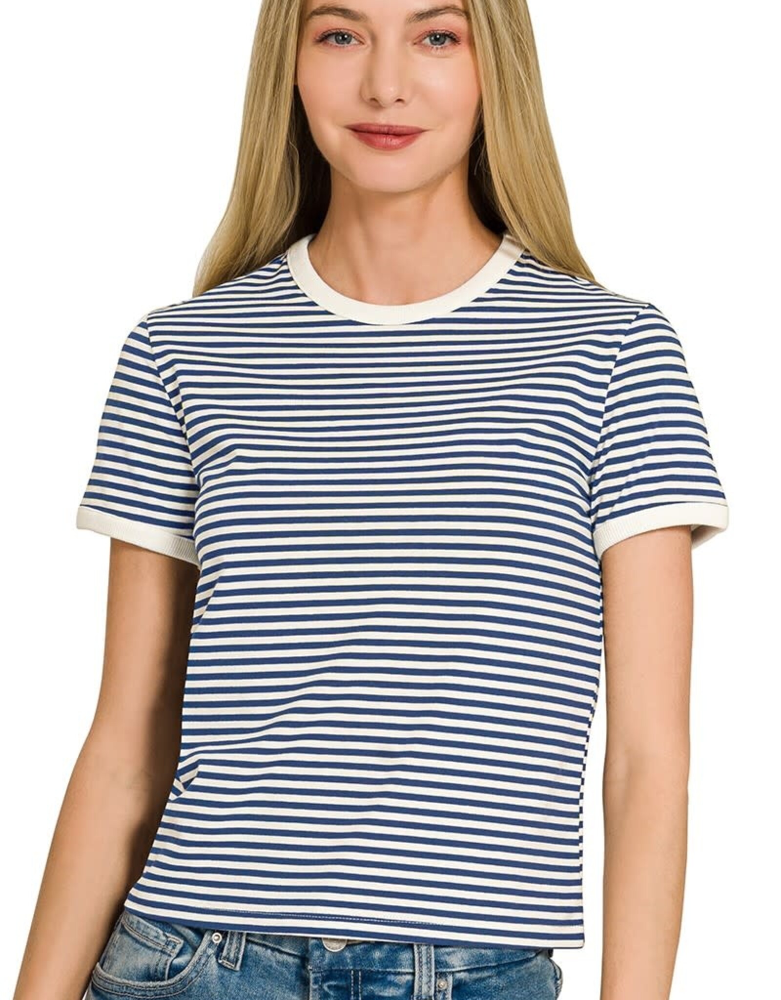 Miss Bliss Zen Striped Contrast Trim Rib Banded Tee-Navy