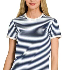 Miss Bliss Striped Contrast Trim Rib Banded Tee-Navy