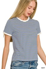 Miss Bliss Zen Striped Contrast Trim Rib Banded Tee-Navy