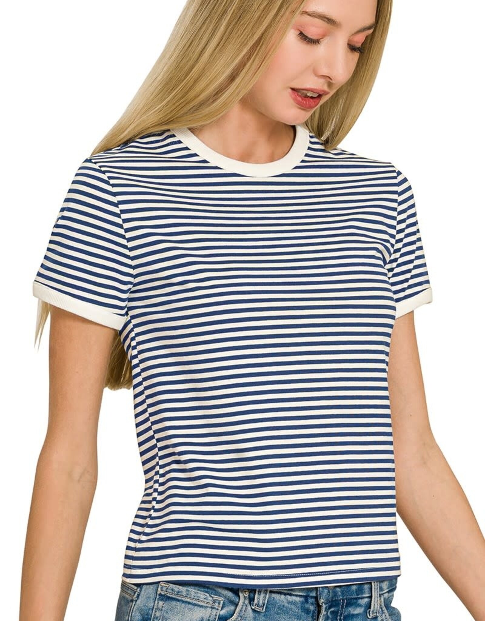 Miss Bliss Zen Striped Contrast Trim Rib Banded Tee-Navy
