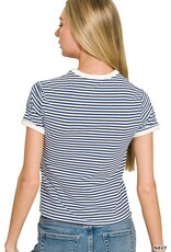 Miss Bliss Zen Striped Contrast Trim Rib Banded Tee-Navy