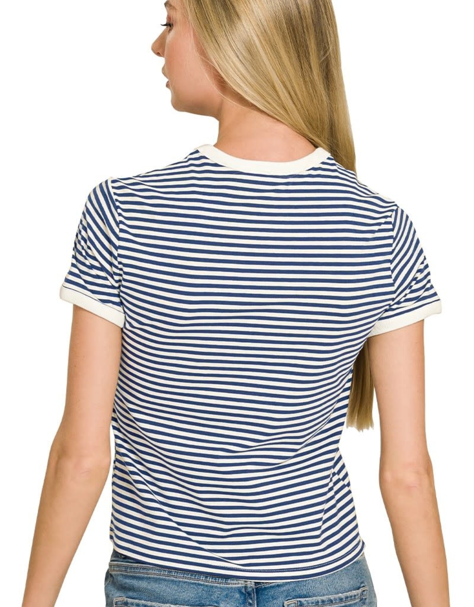 Miss Bliss Zen Striped Contrast Trim Rib Banded Tee-Navy