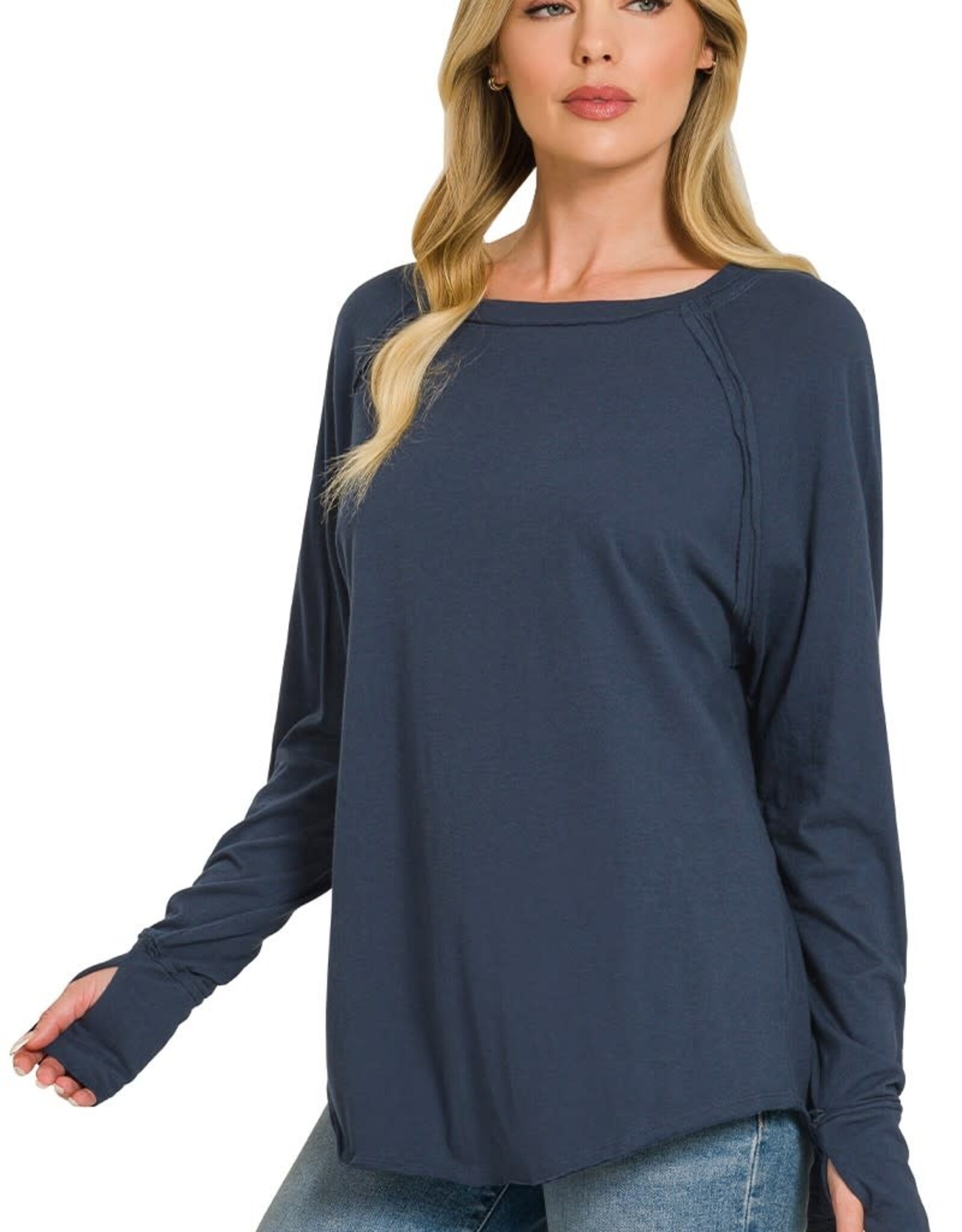 Miss Bliss Zen Cotton Raglan Sleeve Thumbhole Top-Navy