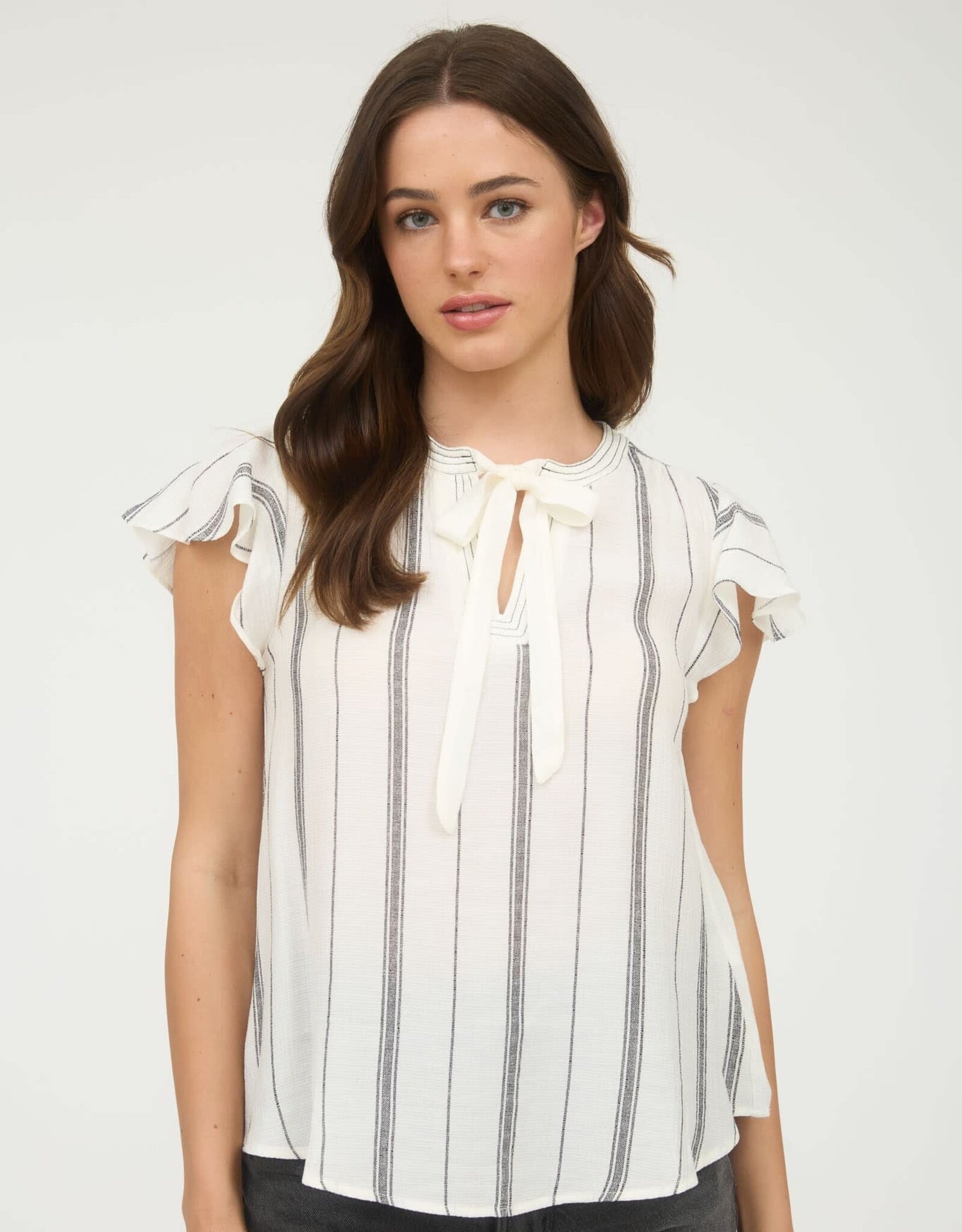 Miss Bliss Blu Stripe Front Tie Strap SS Shirt-White&Black Stripe