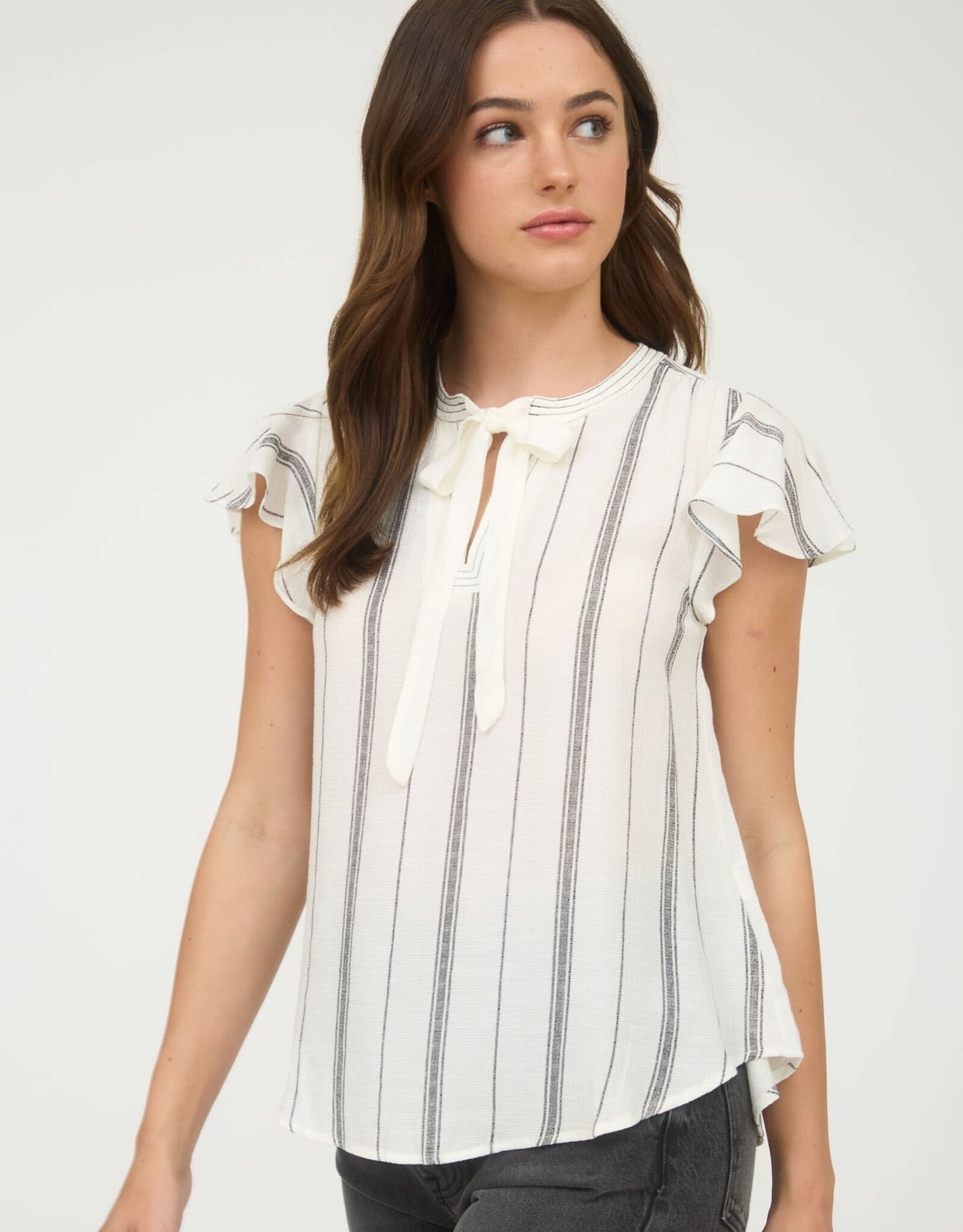 Miss Bliss Blu Stripe Front Tie Strap SS Shirt-White&Black Stripe