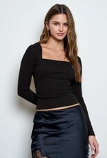 Miss Bliss Blu Sqr Nck Ls Ruched Sides Knit Top-Black