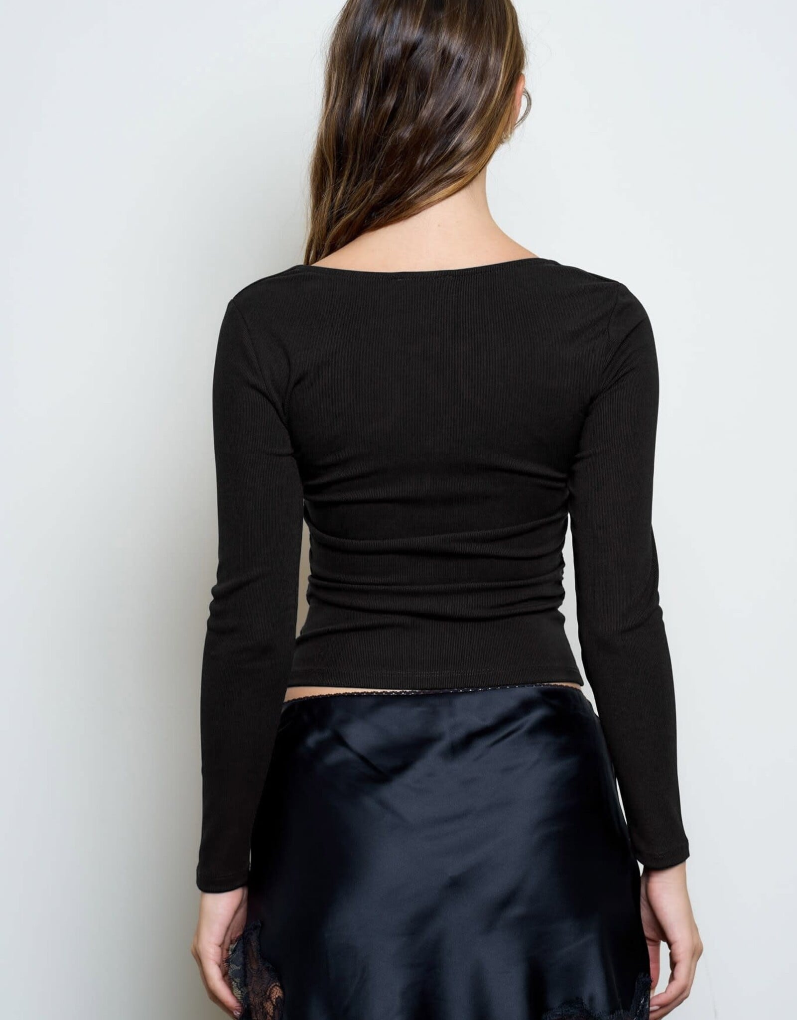 Miss Bliss Blu Sqr Nck Ls Ruched Sides Knit Top-Black