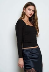 Miss Bliss Blu Sqr Nck Ls Ruched Sides Knit Top-Black