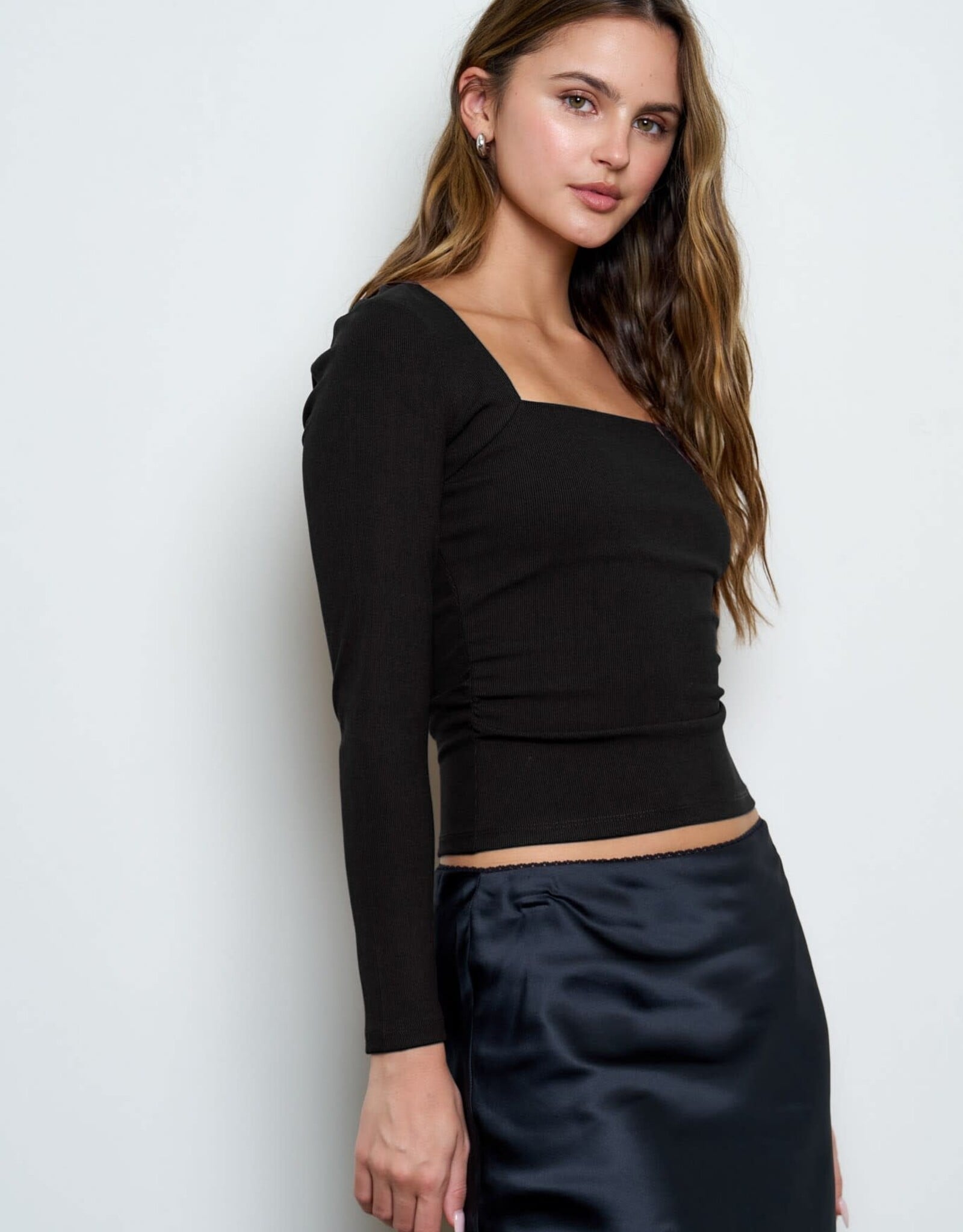 Miss Bliss Blu Sqr Nck Ls Ruched Sides Knit Top-Black