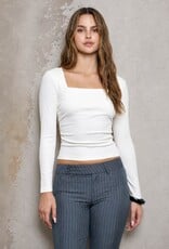 Miss Bliss Blu Sqr Nck Ls Ruched Sides Knit Top-Cream