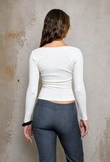 Miss Bliss Blu Sqr Nck Ls Ruched Sides Knit Top-Cream