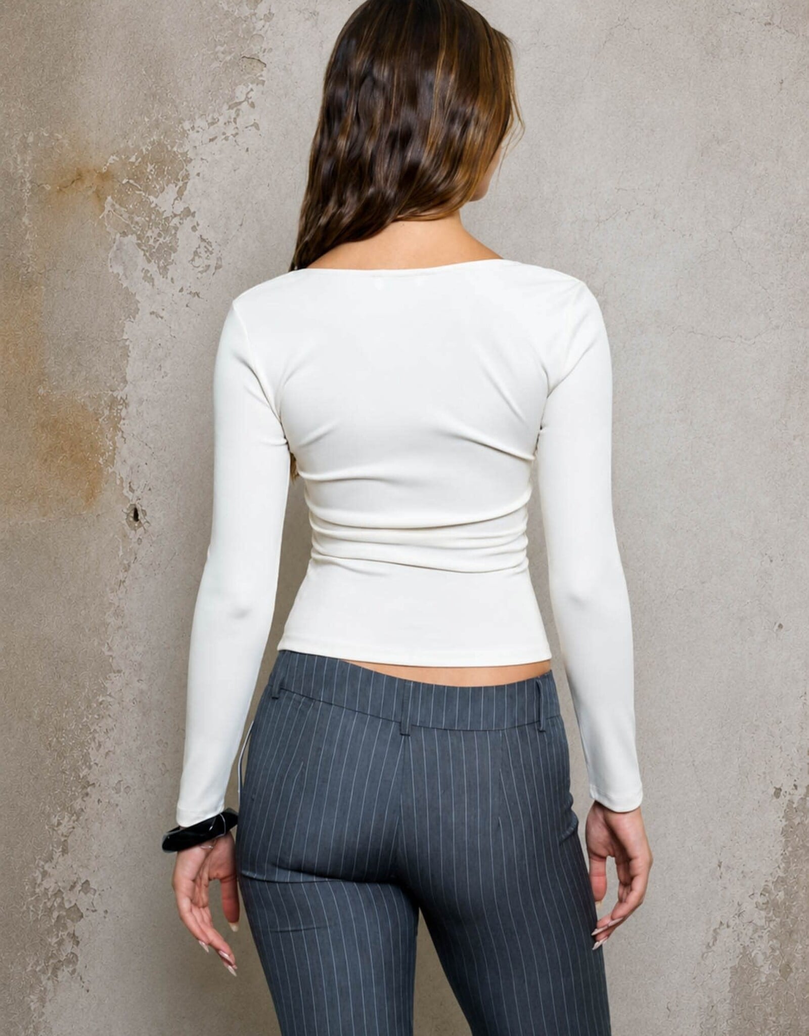 Miss Bliss Blu Sqr Nck Ls Ruched Sides Knit Top-Cream