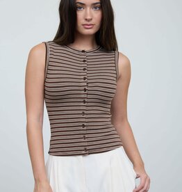 Miss Bliss Striped Crew Button Down Knit Tank-Brown