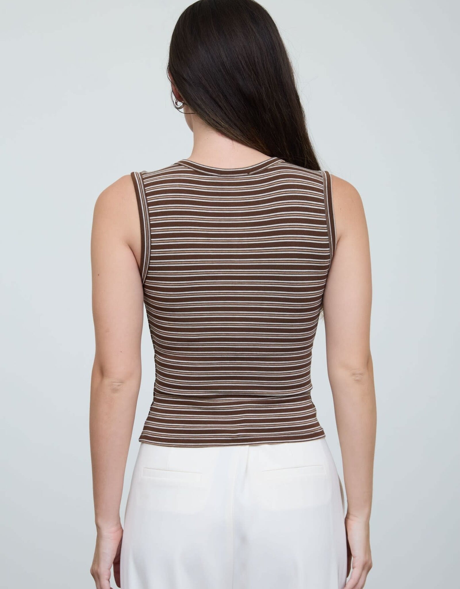Miss Bliss Blu Striped Crew Nck Slvls Button Dwn Knit Tank-Brown