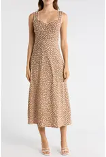 Miss Bliss Blu Floral Sweetheart Neck Trim Detail Midi Dress-Brown