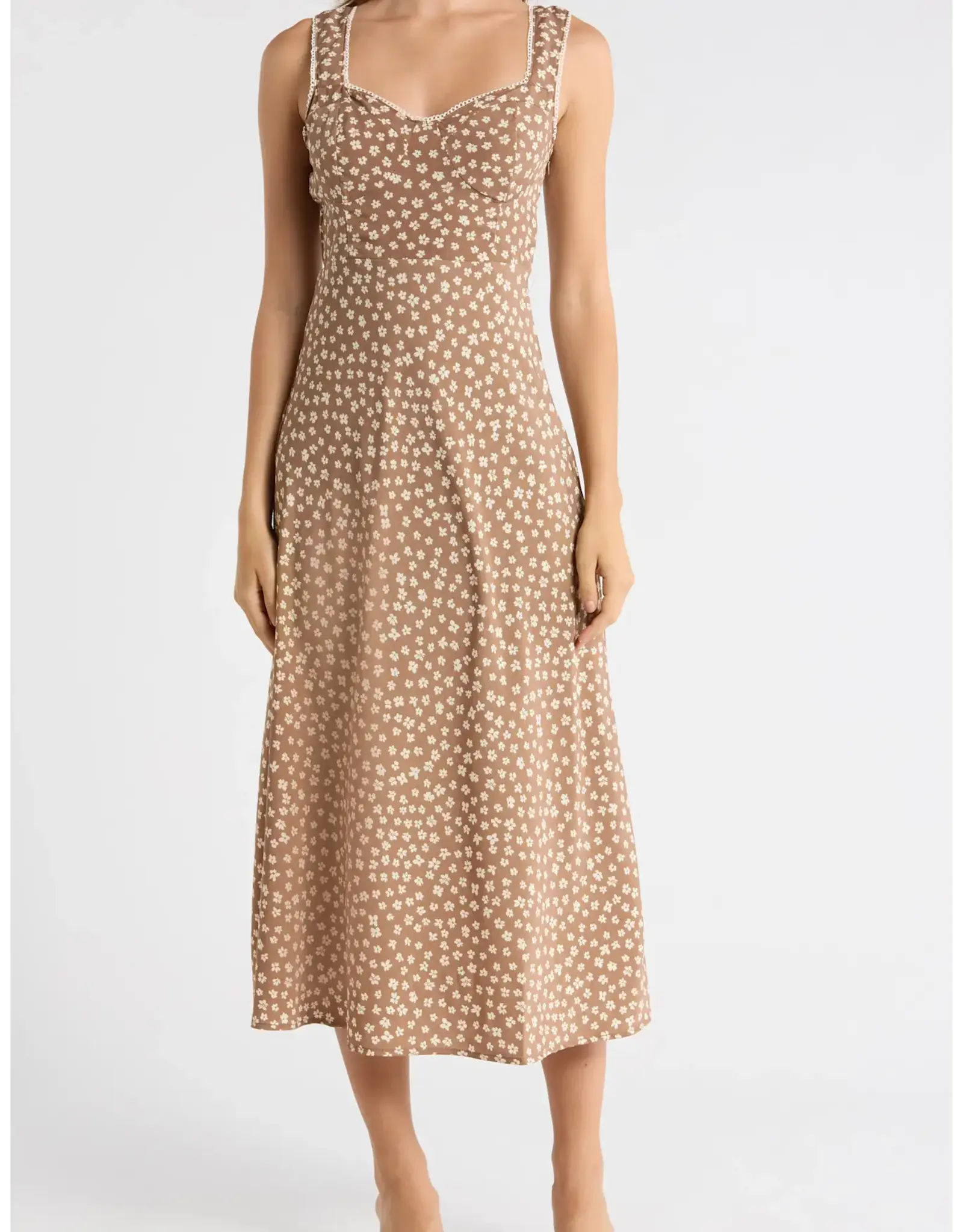Miss Bliss Blu Floral Sweetheart Neck Trim Detail Midi Dress-Brown