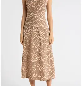 Miss Bliss Floral Sweetheart Neck Trim Detail Midi Dress-Brown