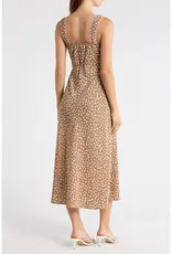 Miss Bliss Blu Floral Sweetheart Neck Trim Detail Midi Dress-Brown
