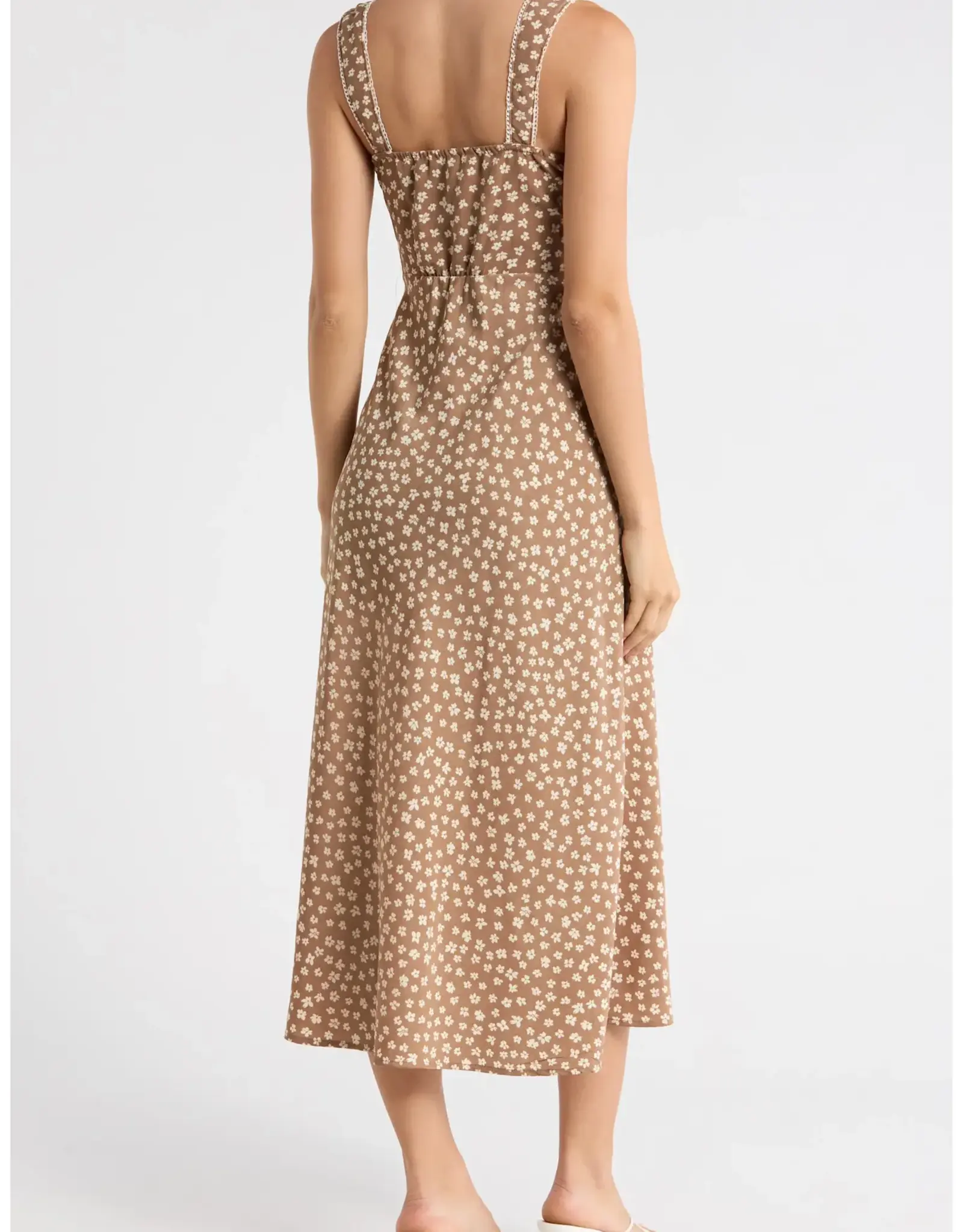 Miss Bliss Blu Floral Sweetheart Neck Trim Detail Midi Dress-Brown