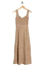 Miss Bliss Blu Floral Sweetheart Neck Trim Detail Midi Dress-Brown